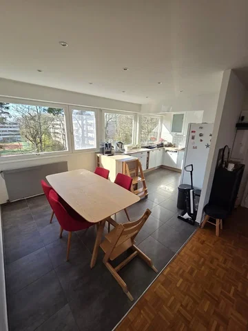 Kitchen; view, kitchen appliances, tile floor, natural light, modern style