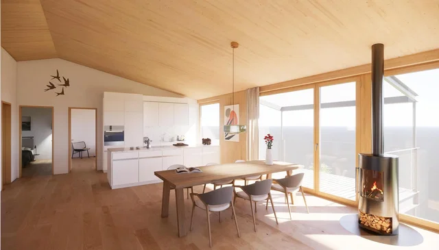 Living room; fireplace, wood floor, natural light, modern style