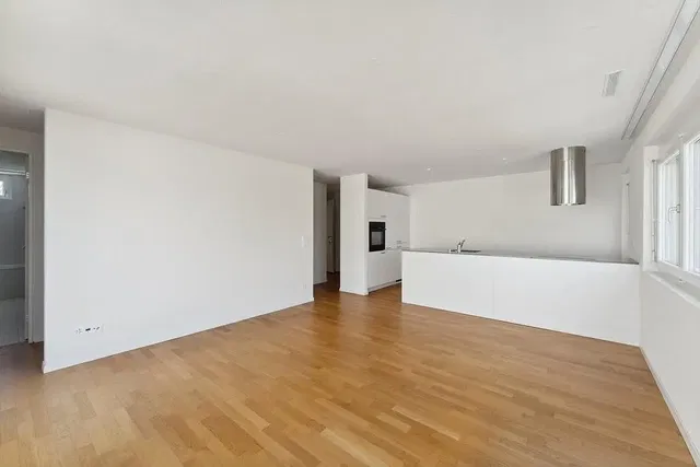 Kuchyňa; drevená podlaha, kuchynské spotrebiče, prirodzené svetlo