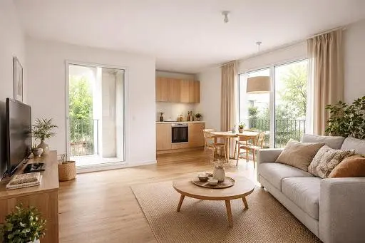Living room; natural light, wood floor, modern style, view