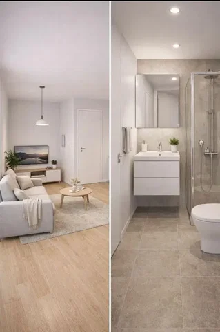 Baño; luz natural, estilo moderno, suelo de baldosas, suelo de madera