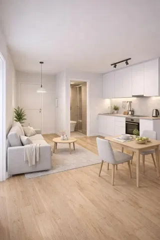 Salón; luz natural, suelo de madera, estilo moderno, electrodomésticos