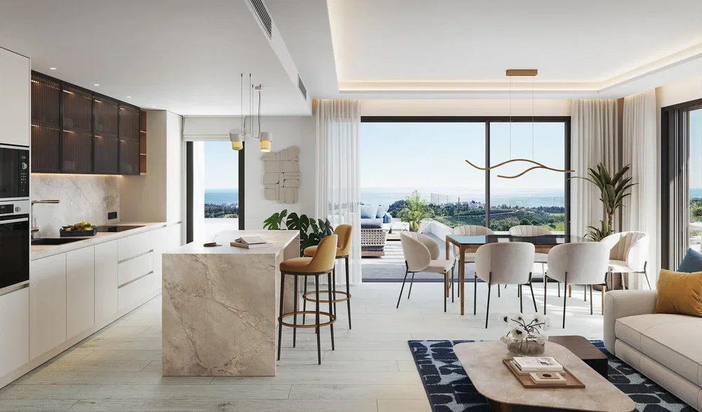 Oturma odası; manzara, mutfak aletleri, doğal ışık, modern stil