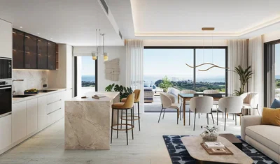 Oturma odası; manzara, mutfak aletleri, doğal ışık, modern stil