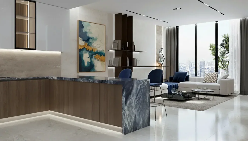 Oturma odası; manzara, modern stil, doğal ışık