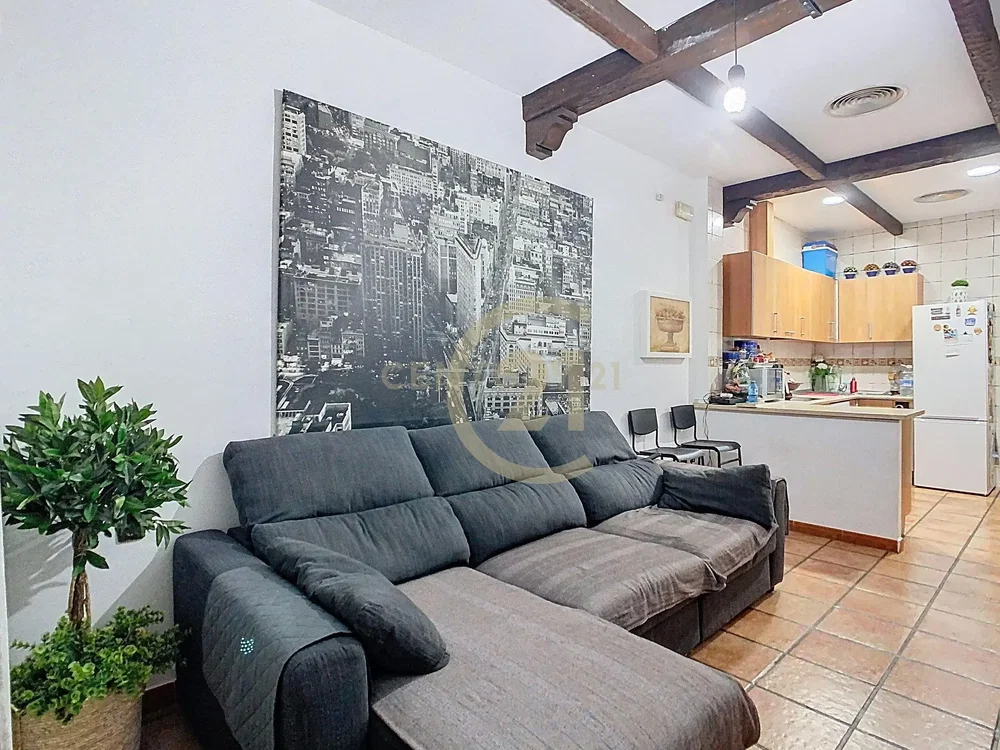 Salon; vue, carrelage, poutres en bois, lumière naturelle