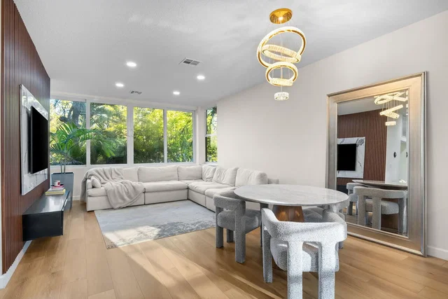 Living room; view, natural light, modern style, wood floor