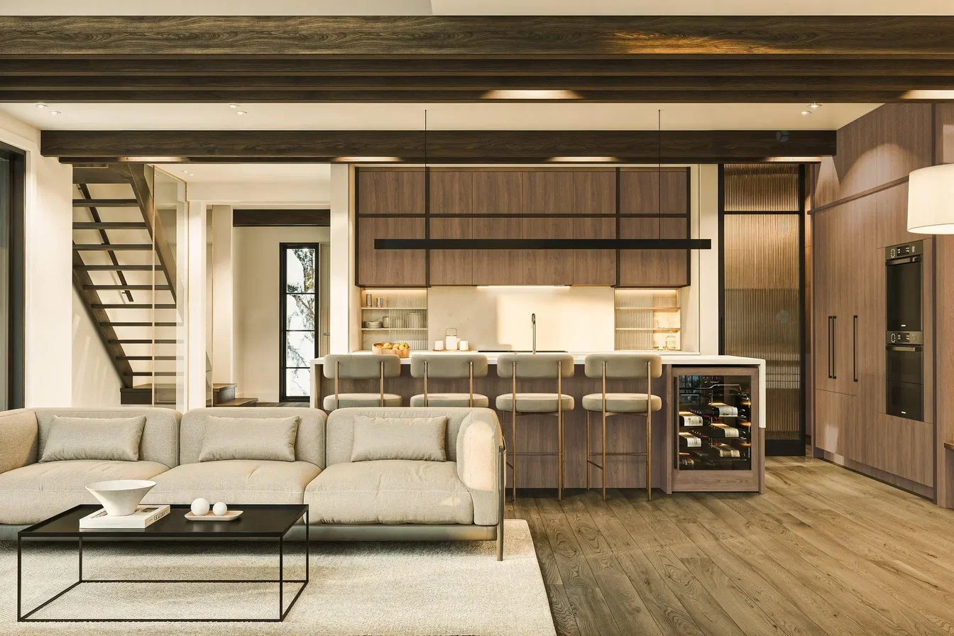 Soggiorno; elettrodomestici, travi in legno, pavimento in legno, stile moderno, luce naturale