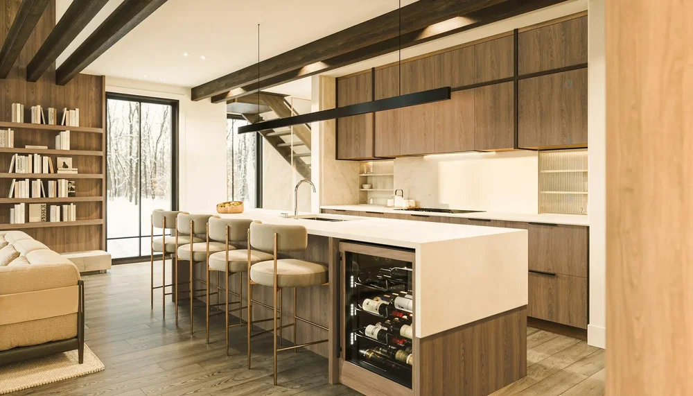 Cucina; elettrodomestici, travi in legno, pavimento in legno, stile moderno, luce naturale