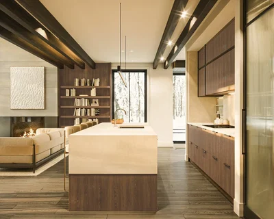 Soggiorno; travi in legno, camino, stile moderno, luce naturale