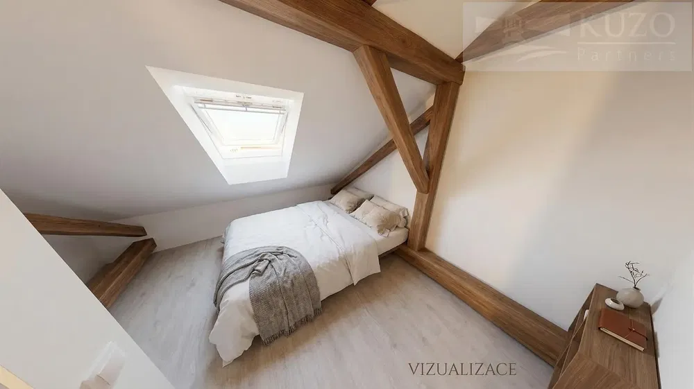 Yatak odası; ahşap kirişler, doğal ışık, modern stil