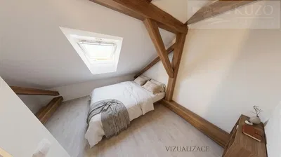 Yatak odası; ahşap kirişler, doğal ışık, modern stil