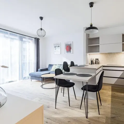 Salon; style moderne, parquet, lumière naturelle, électroménager