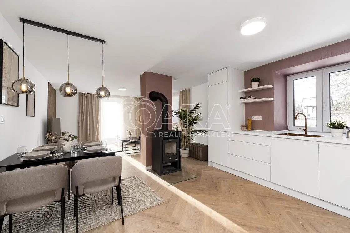 Kuchyně; moderní styl, dřevěná podlaha, krb, přirozené světlo, kuchyňské spotřebiče