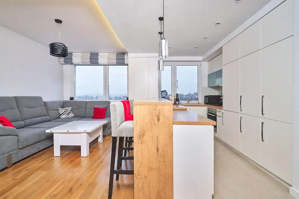 Oturma odası; manzara, ahşap zemin, doğal ışık, modern stil