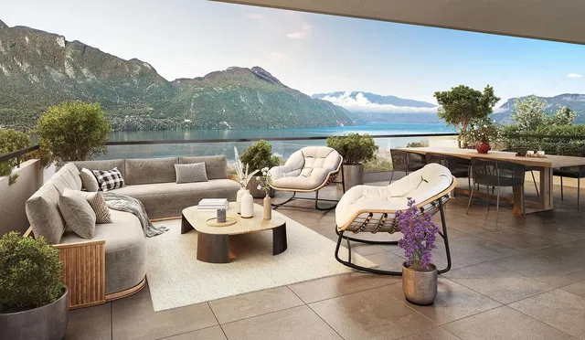 Terrazza; vista, pavimento in piastrelle, luce naturale, stile moderno