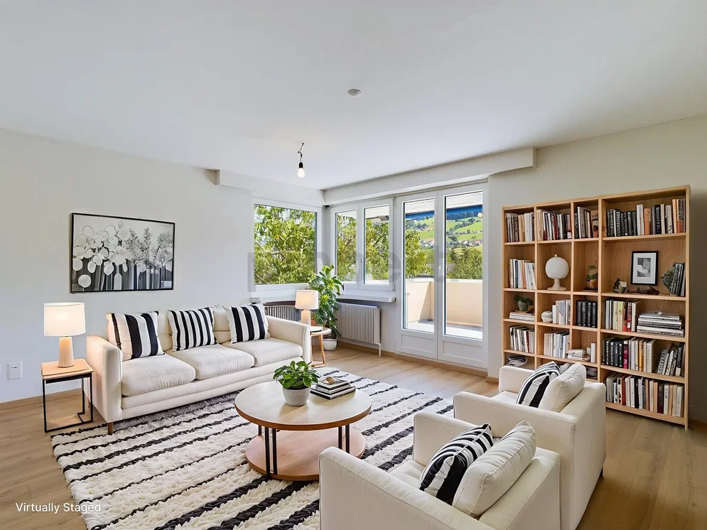 Wohnzimmer; tageslicht, moderner stil, holzboden