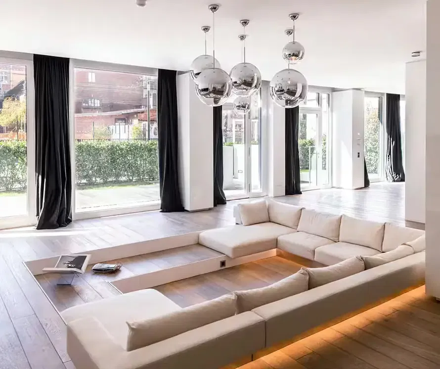 Soggiorno; vista, pavimento in legno, luce naturale, stile moderno