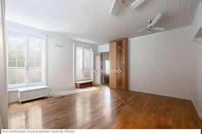 Obývací pokoj; výhled, dřevěná podlaha, přirozené světlo