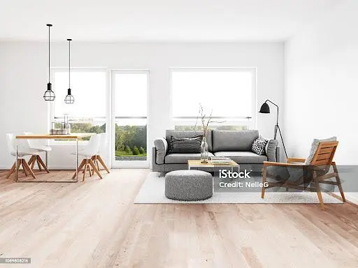 Sala de estar; vista, luz natural, estilo moderno, chão de madeira