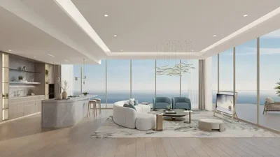 Oturma odası; manzara, doğal ışık, modern stil, ahşap zemin