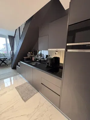 Cuisine; électroménager, carrelage, lumière naturelle, style moderne