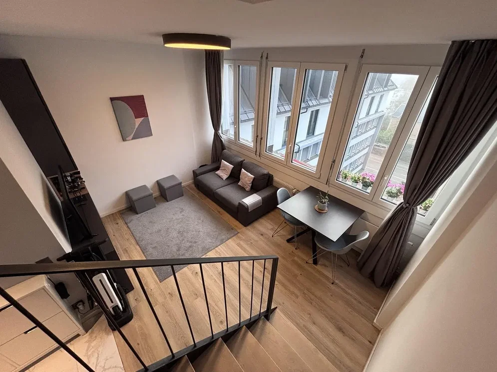 Living room; view, wood floor, natural light, modern style