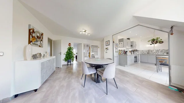 Living room; tile floor, natural light, modern style, kitchen appliances