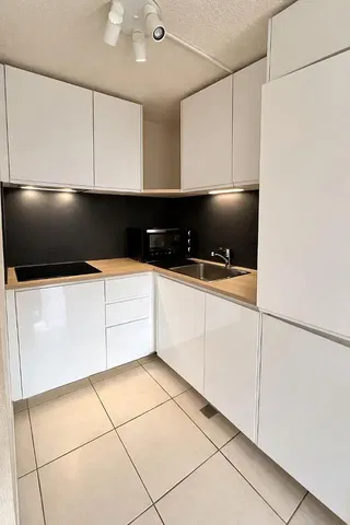 Keuken; keukenapparatuur, tegelvloer, gerenoveerd, natuurlijk licht, moderne stijl