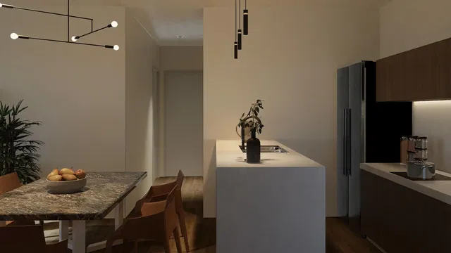 Mutfak; modern stil, ahşap zemin, doğal ışık