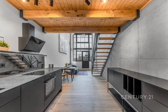 Kitchen; kitchen appliances, wood beams, wood floor, modern style, natural light