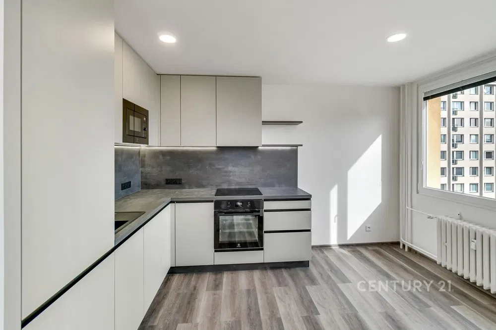 Cucina; elettrodomestici, vista, pavimento in legno, luce naturale, stile moderno