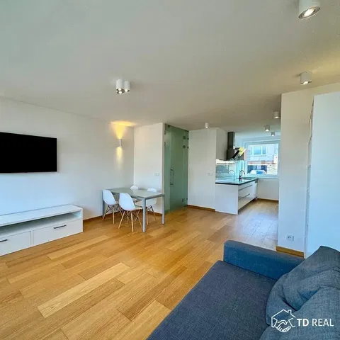 Woonkamer; natuurlijk licht, houten vloer, moderne stijl