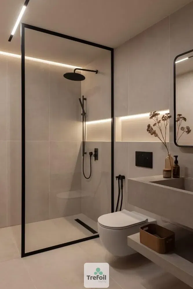 Banyo; fayans zemin, tadilatlı, doğal ışık, modern stil