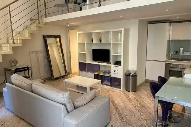 Living room; view, kitchen appliances, natural light, modern style, wood floor