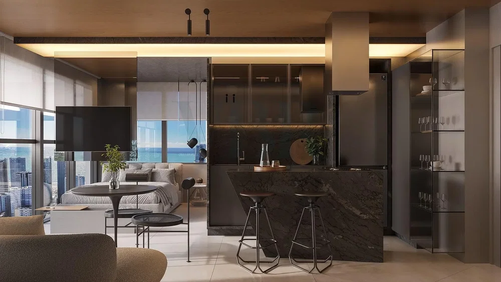 Oturma odası; manzara, modern stil, doğal ışık