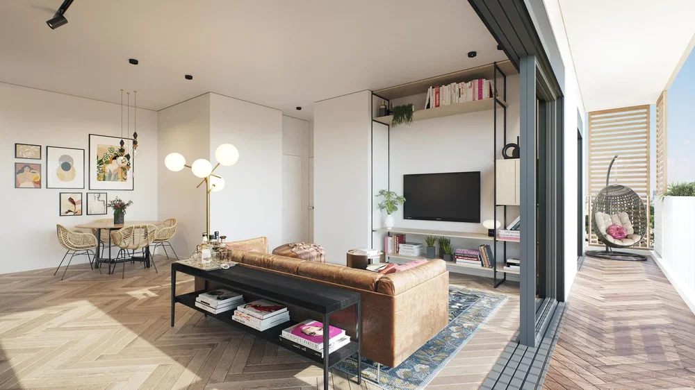 Wohnzimmer; tageslicht, holzboden, moderner stil