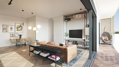 Wohnzimmer; tageslicht, holzboden, moderner stil