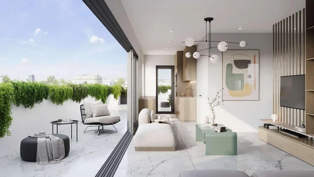 Obývací pokoj; výhled, přirozené světlo, moderní styl