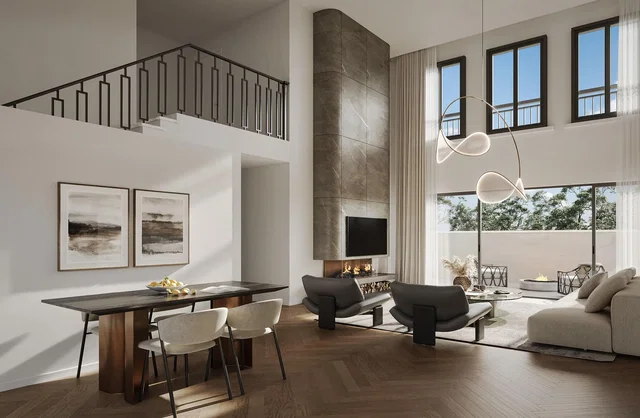 Living room; high ceiling, wood floor, natural light, modern style