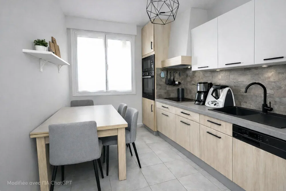 Cuisine; électroménager, carrelage, lumière naturelle, style moderne