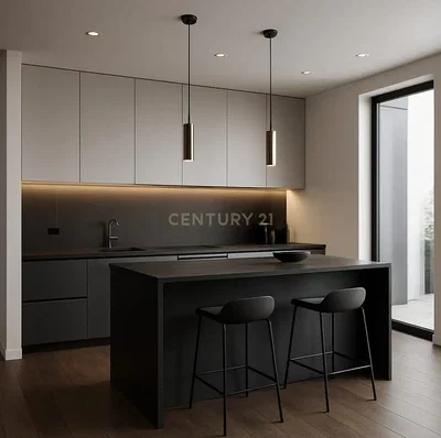 Κουζίνα; συσκευές κουζίνας, μοντέρνο στυλ, ξύλινο πάτωμα, φυσικό φως