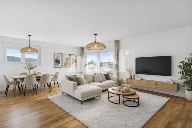 Sala de estar; vista, chão de madeira, luz natural, estilo moderno