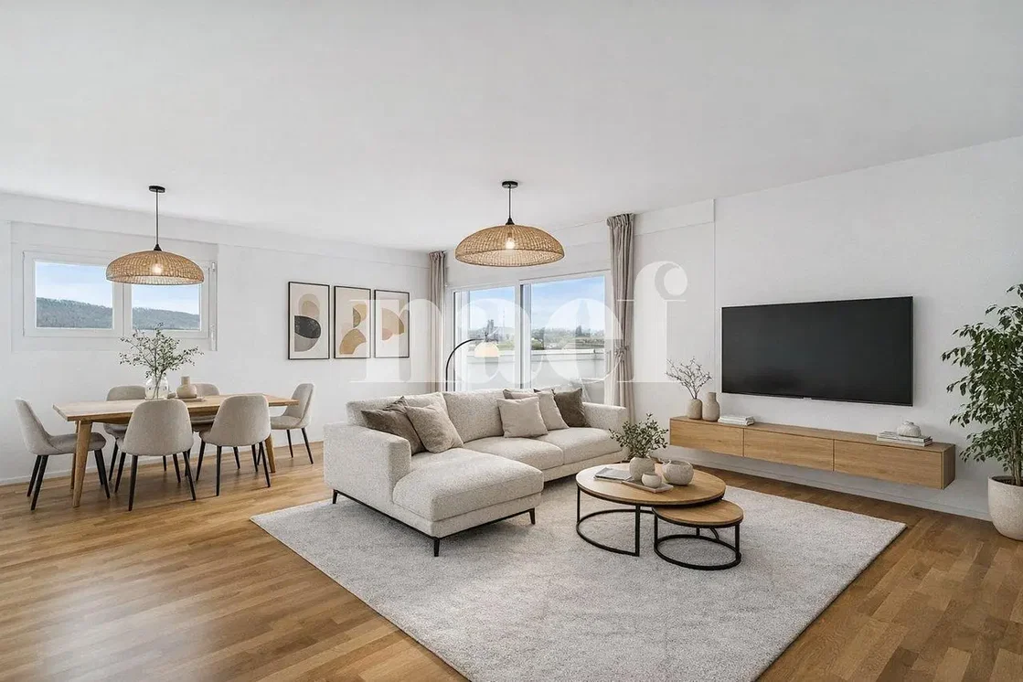 Soggiorno; vista, pavimento in legno, luce naturale, stile moderno