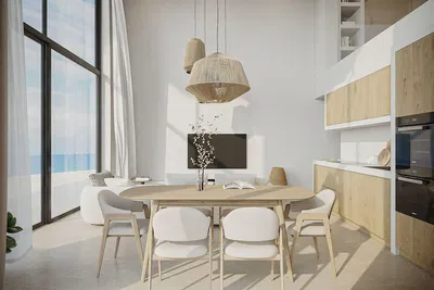 Дневна соба; поглед, кухињски апарати, природно светло, модерни стил