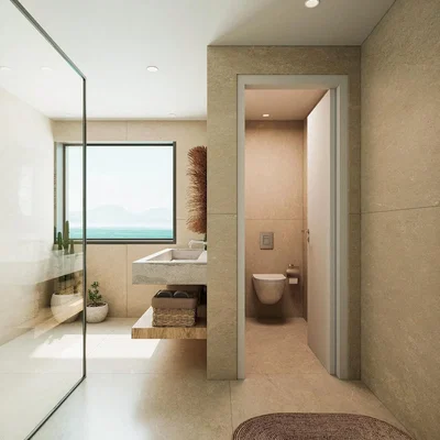 Salle de bain; vue, carrelage, lumière naturelle