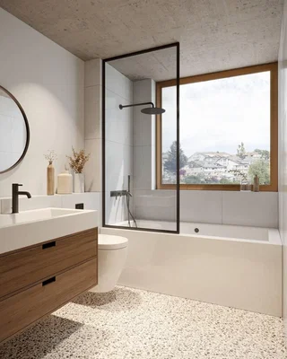 Salle de bain; carrelage, vue, lumière naturelle