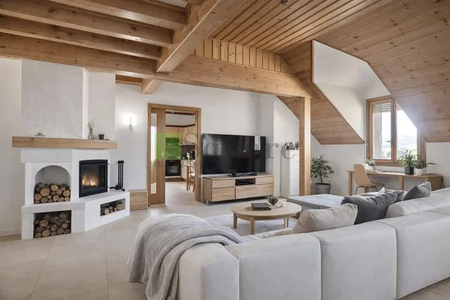 Wohnzimmer; kamin, holzbalken, tageslicht, moderner stil