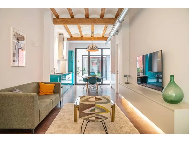 Living room; natural light, modern style, wood beams