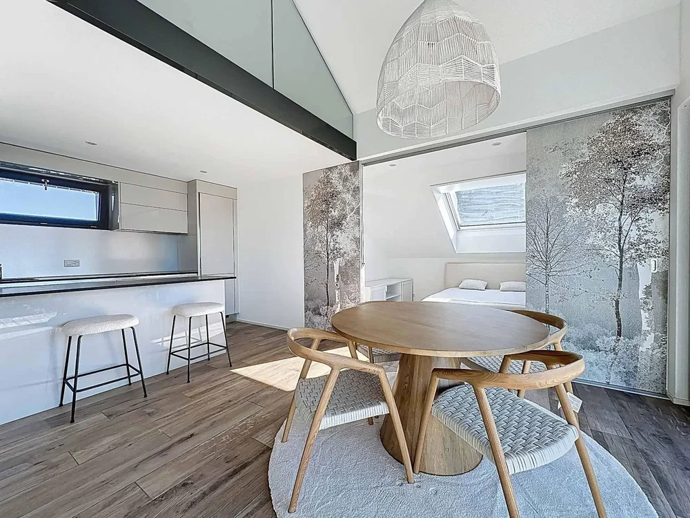 Küche; tageslicht, moderner stil, holzboden